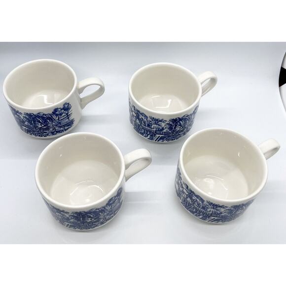 Vtg Churchill England Cups Mill Dam Blue Set of 4 Willow HTF Pattern - Picture 3 of 5
